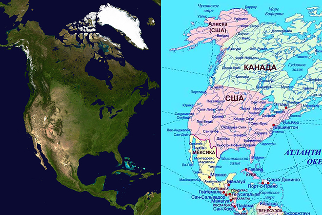 Физическая и политическая карта северной америки